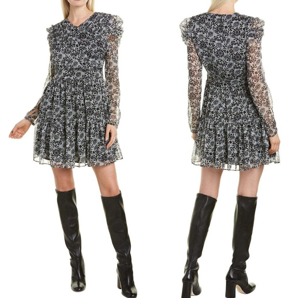 Walter Baker Black & White Floral Ruffle Chiffon Pillar Puffy Sleeved Dress 0